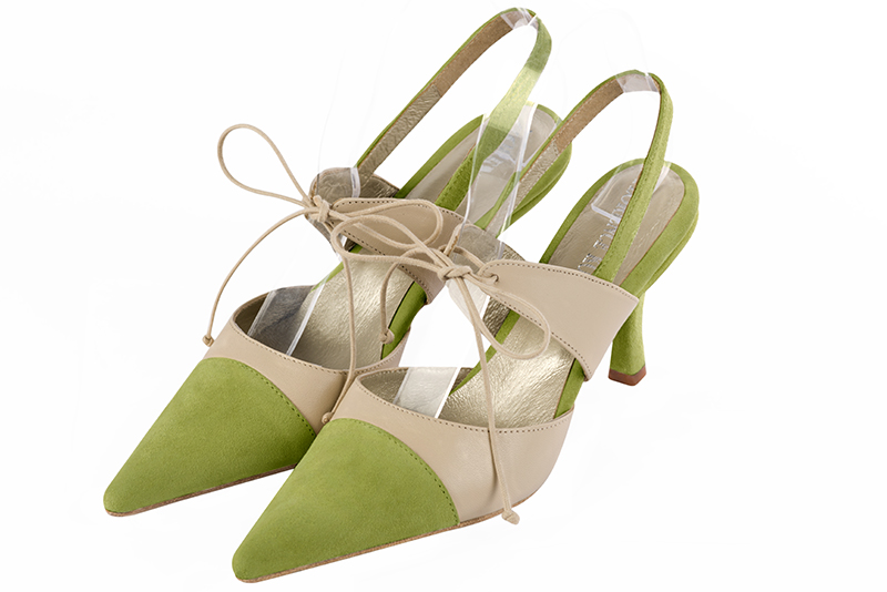 Pistachio green and champagne beige women's open back shoes, with an instep strap. Pointed toe. High slim heel. Front view - Florence KOOIJMAN